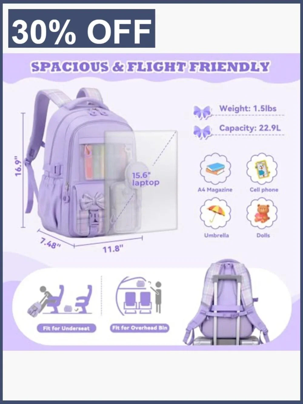 Girls Backpack with Coin Purse, Lightweight 22.9L, 9 Pockets, Travel Camp